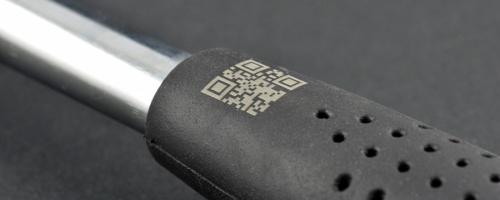 Datamatrix code laser marked on black plastic tool handle for identification
